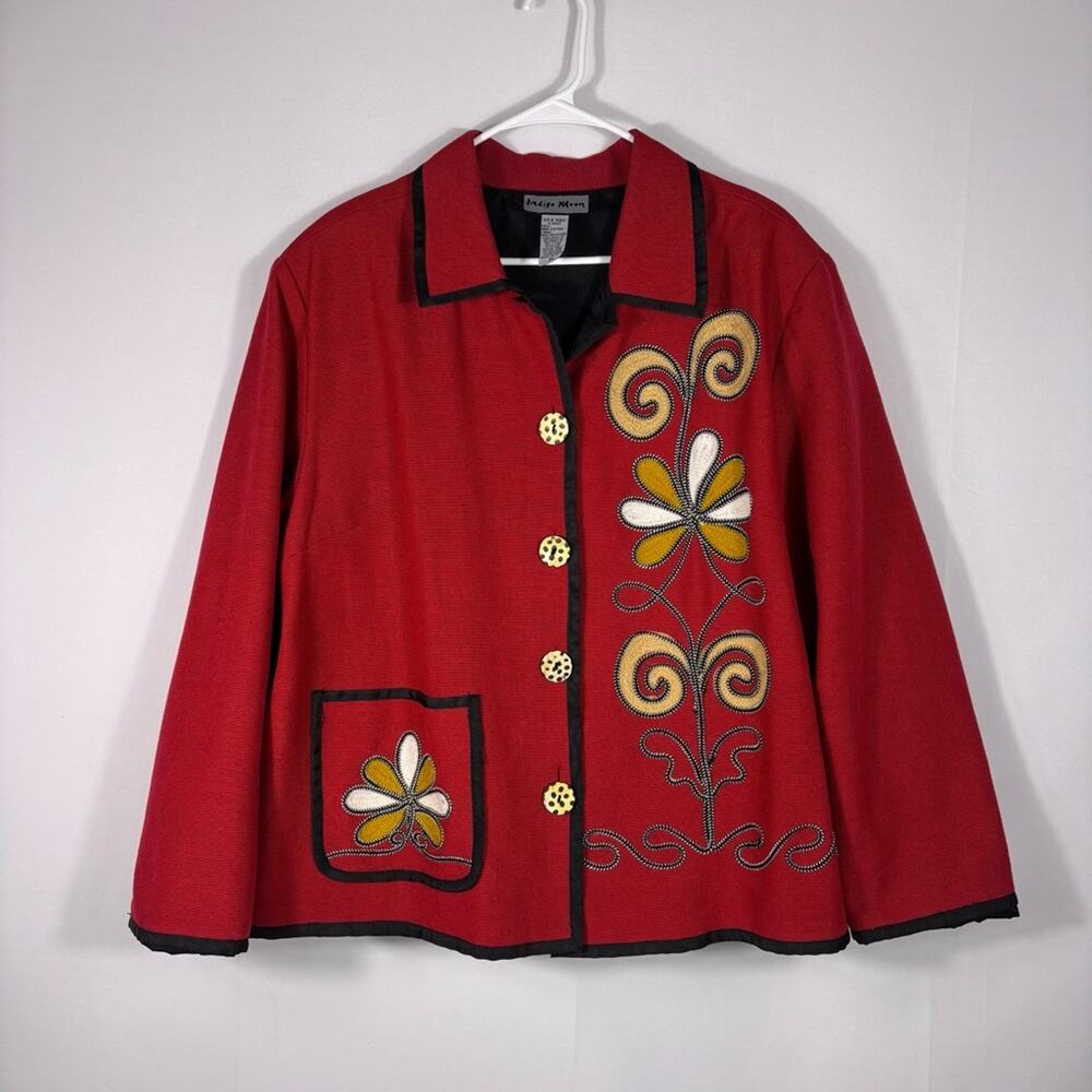 Indigo Moon Red Whimsical Floral Embroidered Boxy Jacket Size 1X T4